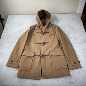 Japanese Beams Hooded Tan Duffle Coat Women's Sz Large 90% Wool Made in Myanmar